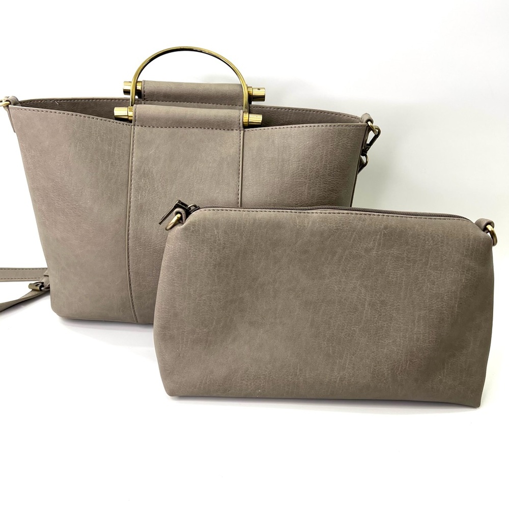 Anthro 2 in 1 Antik Kraft Tote Crossbody Removable Pouch Earthy Gray Brass Tone